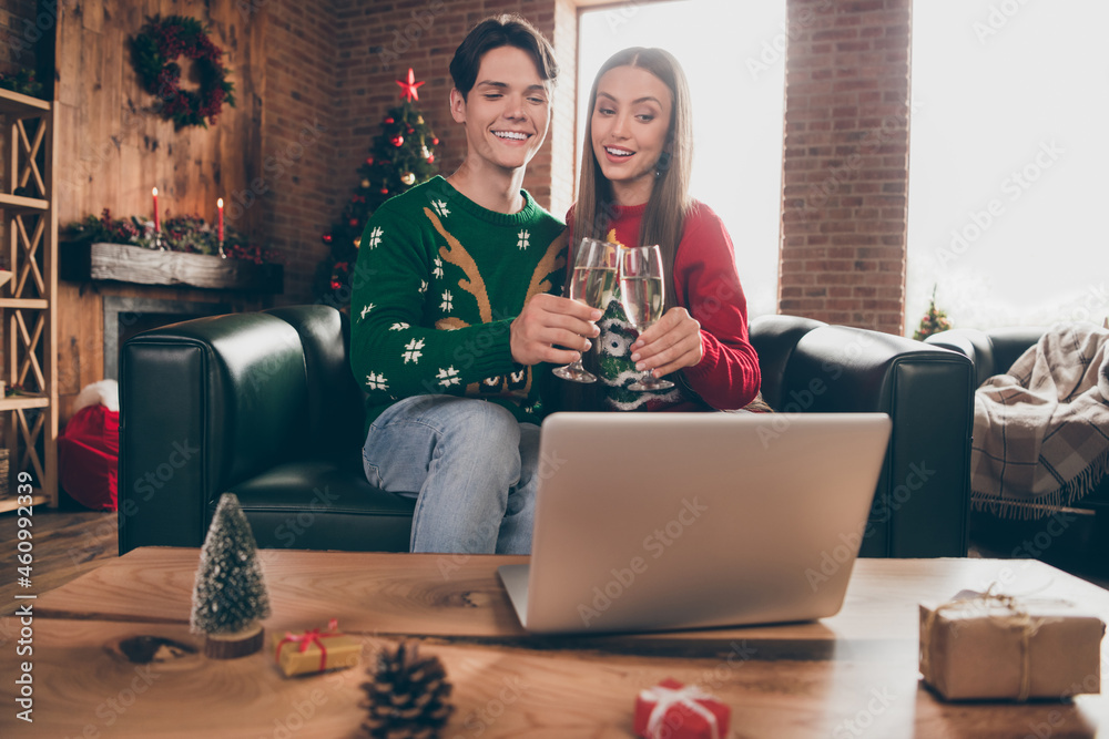 Photo portrait cheerful couple smiling drinking champagne talking on webcam  using laptop on quarantine Stock Photo | Adobe Stock