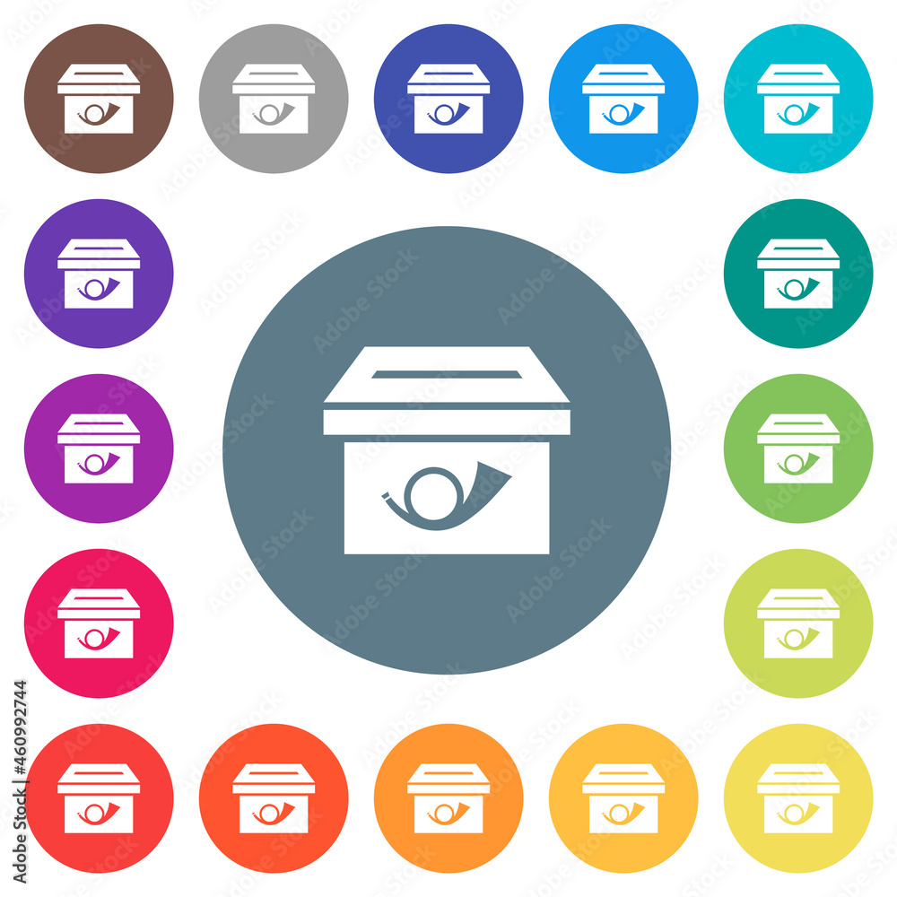 Post box solid flat white icons on round color backgrounds Post box solid flat white icons on round color backgrounds