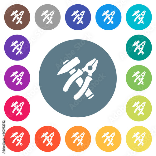Hammer and combined pliers in crossed position flat white icons on round color backgrounds