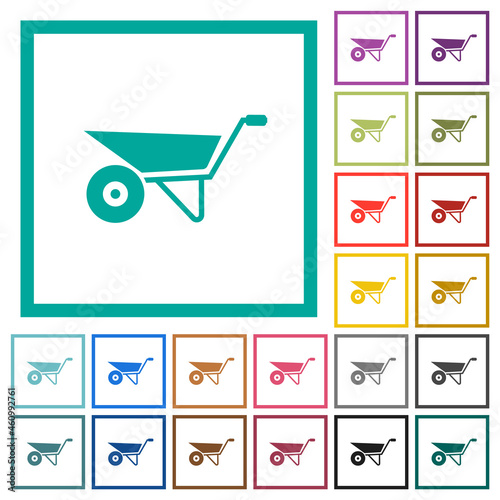Wheelbarrow flat color icons with quadrant frames