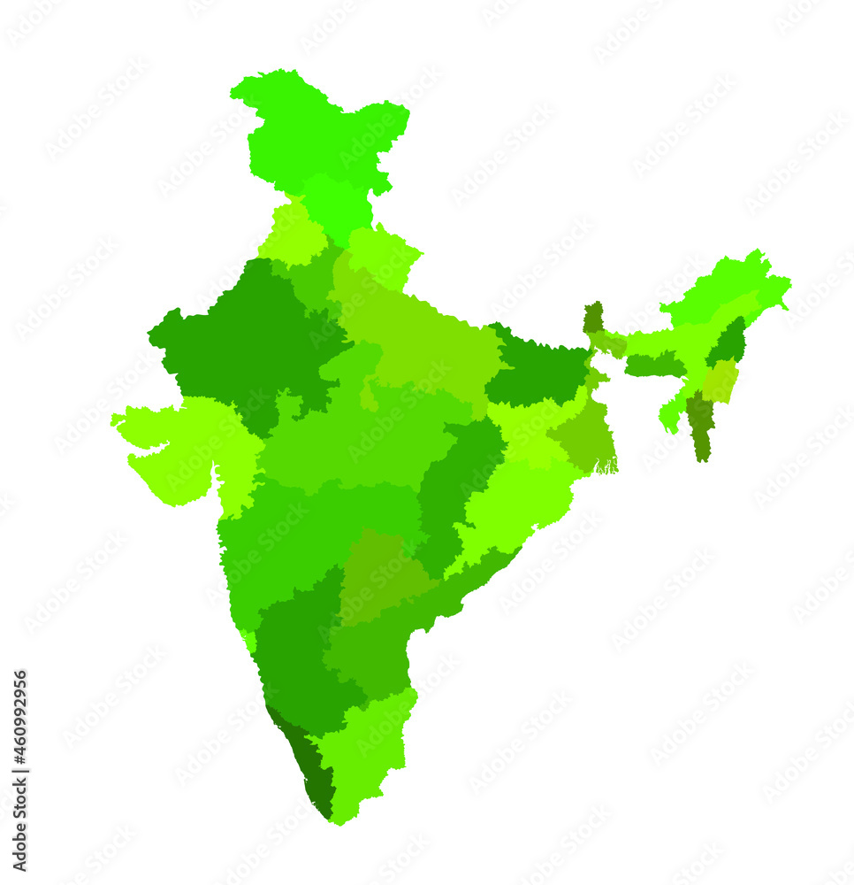 India map vector silhouette illustration isolated on white background. High detailed. Autonomous communities of India. Administrative divisions of India, separated provinces regions outline map.