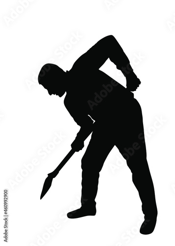Man with shovel working in garden vector silhouette  illustration. Construction worker with spade. Gardener digging earth. Farmer with shovel. Digger worker mining ground with tool. Manual industry.