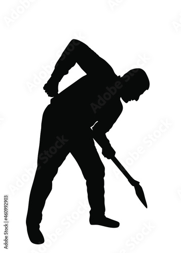 Man with shovel working in garden vector silhouette  illustration. Construction worker with spade. Gardener digging earth. Farmer with shovel. Digger worker mining ground with tool. Manual industry.
