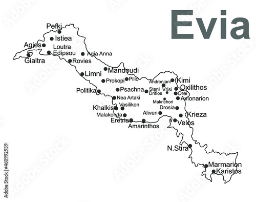 Greek island Euboea map line contour vector silhouette illustration isolated on white background. Evia map silhouette, island of Greece.