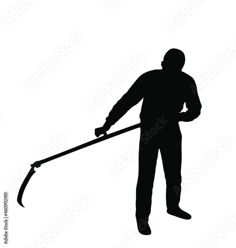 Farmer using scythe to cut grass vector silhouette illustration isolated on white background. Rural gardener landscaper. Country man with scythe hard work outdoor. Villager mowing wheat or clover