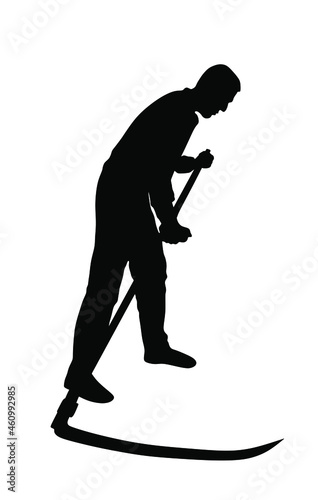 Farmer using scythe to cut grass vector silhouette illustration isolated on white background. Rural gardener landscaper. Country man with scythe hard work outdoor. Villager mowing wheat or clover