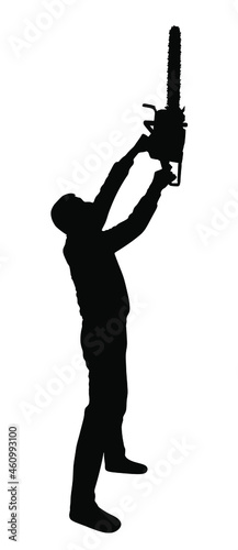 Lumberjack with chainsaw vector silhouette illustration isolated on white. Woodpecker on duty. Logger worker. Lumberman in action. Woodcutter man with saw. Forester worker. Industrial wood work