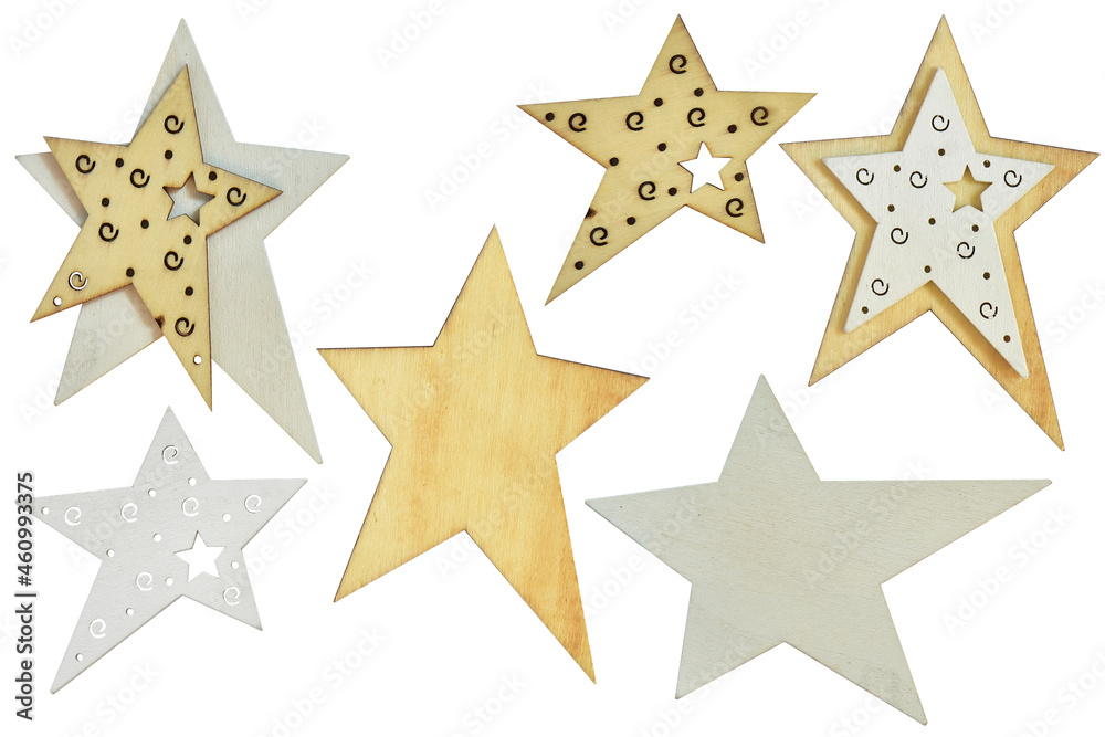 Wooden toys on a Christmas tree in the shape of a star isolated on a white background. Christmas or New Year's decor. Craft pendants from natural materials. Design element. Clipart
