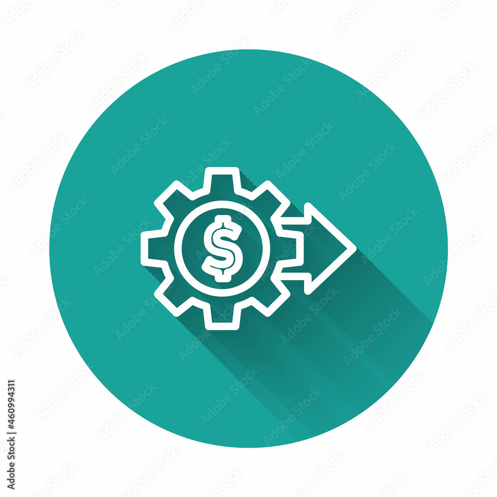 White line Gear with dollar symbol icon isolated with long shadow. Business and finance conceptual icon. Green circle button. Vector White line Gear with dollar symbol icon isolated with long shadow. Business and finance conceptual icon. Green circle button. Vector