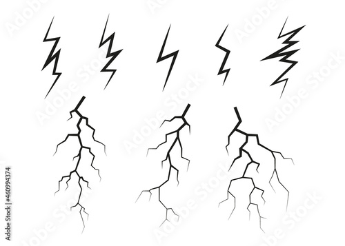 Lightning, electrostatic discharge during thunder bolt, different black line. Collection of natural phenomena of lightning or thunder. Vector illustration photo
