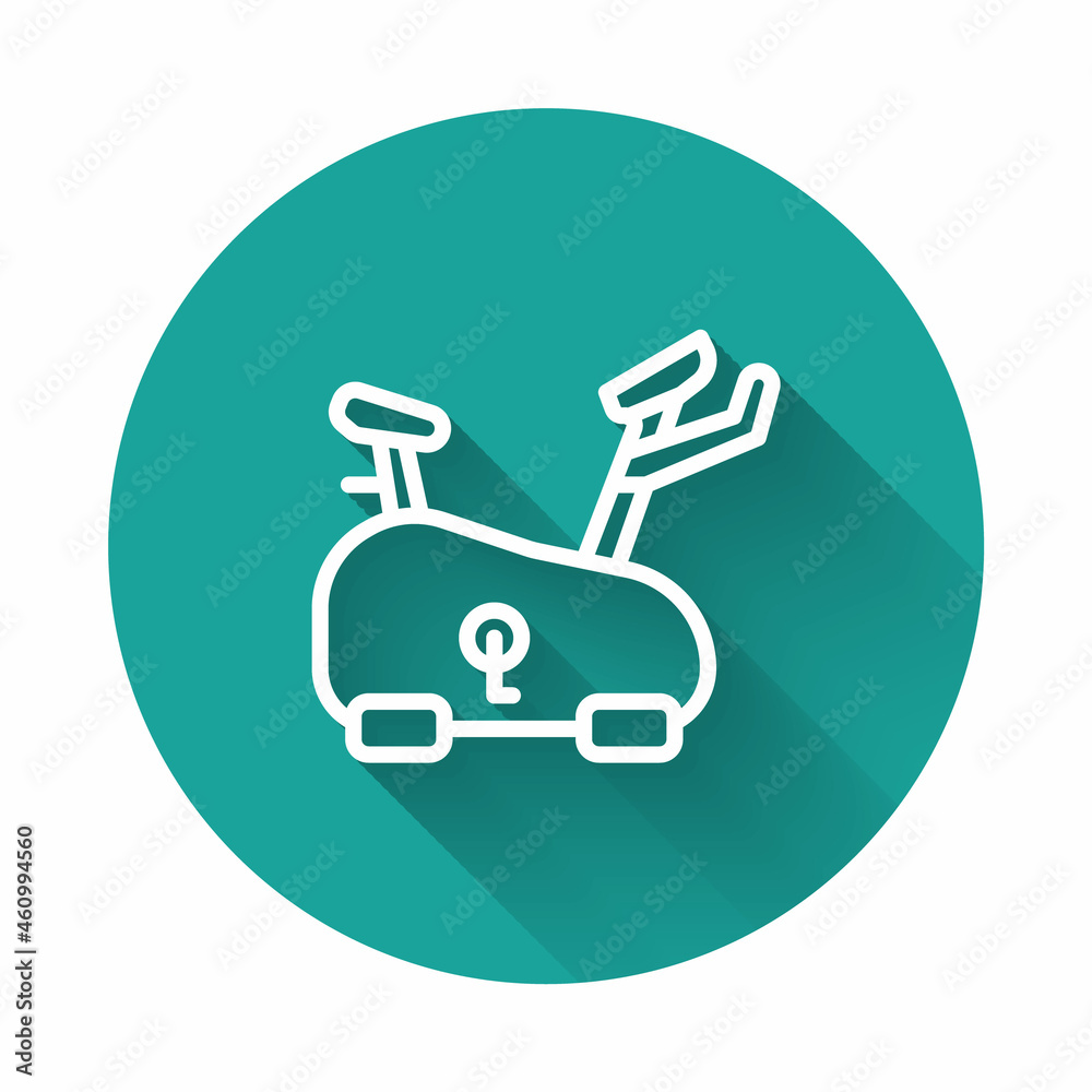 White line Stationary bicycle icon isolated with long shadow. Exercise bike. Green circle button. Vector White line Stationary bicycle icon isolated with long shadow. Exercise bike. Green circle button. Vector