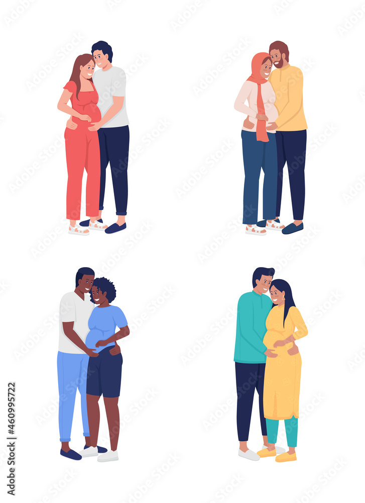 Expecting couple semi flat color vector character set. Standing figures. Full body people on white. Family members isolated modern cartoon style illustration for graphic design and animation pack