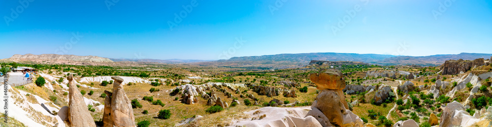 Panoramic view of Three Graces or Uc Guzeller in Cappadocia Urgup Turkey
