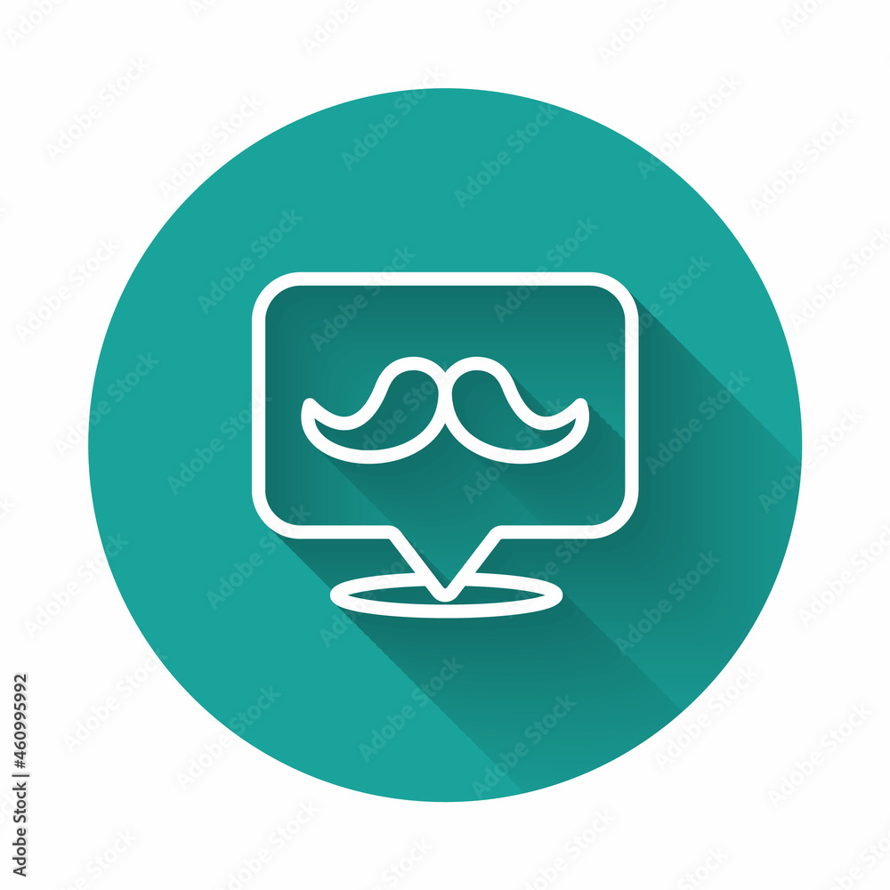 White line Mustache icon isolated with long shadow background. Barbershop symbol. Facial hair style. Green circle button. Vector White line Mustache icon isolated with long shadow background. Barbershop symbol. Facial hair style. Green circle button. Vector