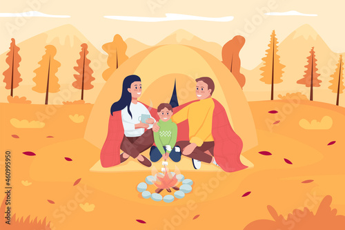 Family camping in october flat color vector illustration. Mother and father sitting with kid in fall scenery. Happy parents with child 2D cartoon characters with landscape on background