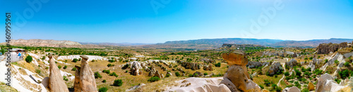 Panoramic view of Three Graces or Uc Guzeller in Cappadocia Urgup Turkey