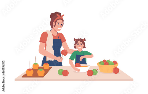Mother with kid cook semi flat color vector characters. Posing figures. Full body people on white. Making candy apples isolated modern cartoon style illustration for graphic design and animation