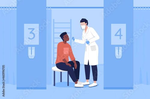 Taking medical sample flat color vector illustration. Health checkup. Clinical diagnostics. Patient and doctor 2D cartoon characters with hospital space blue interior on background