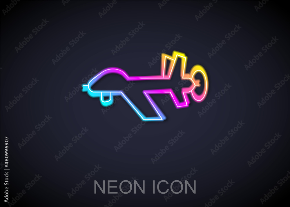Glowing neon line UAV Drone icon isolated on black background. Military Unmanned aircraft spy. Vector Glowing neon line UAV Drone icon isolated on black background. Military Unmanned aircraft spy. Vector