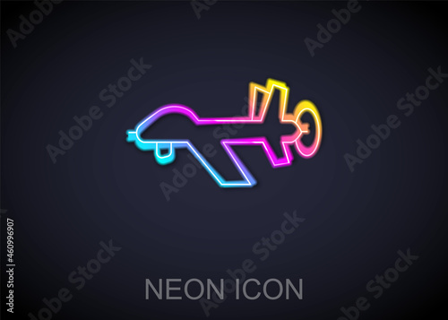 Glowing neon line UAV Drone icon isolated on black background. Military Unmanned aircraft spy. Vector