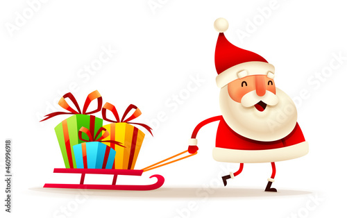 Christmas character - Santa Claus pulling a sled with Christmas gift box presents on white background. Isolated.