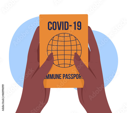Vaccination passport 2D vector isolated illustration. Post covid health safety measures. Hands holding immunization pass flat scene on cartoon background. Medical document colourful scene