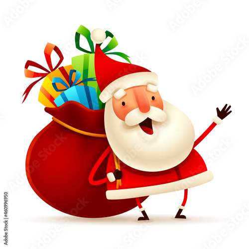 Christmas character - Santa Claus carrying a bag with full of Christmas gift box presents on white background. Isolated.