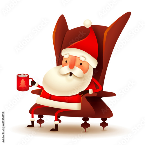 Christmas character - Santa Claus sitting on his armchair with a cup of drink on white background. Isolated.