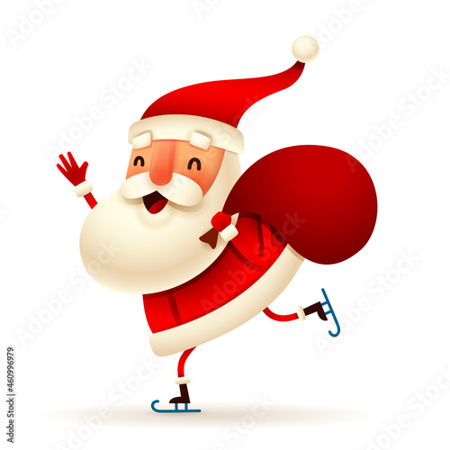 Christmas character - Santa Claus skating with a Christmas sack on white background. Isolated.