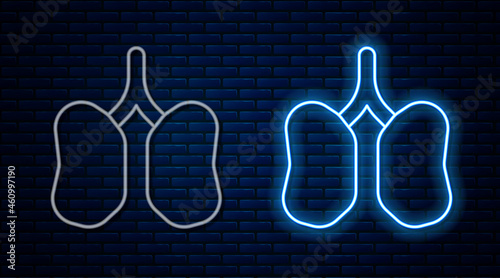 Glowing neon line Lungs icon isolated on brick wall background. Vector