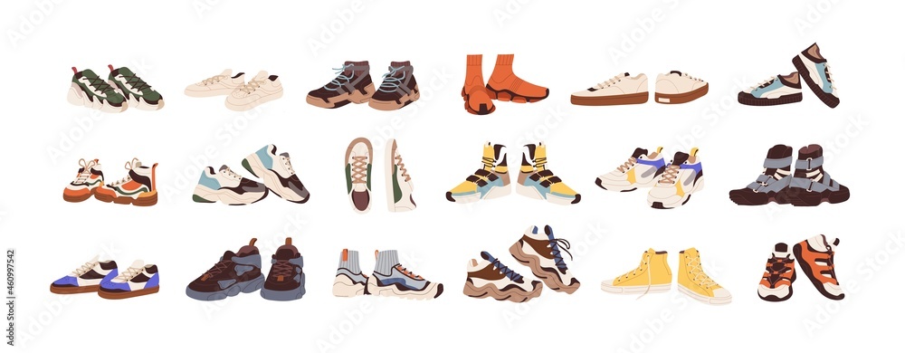 Fashion sneakers collection. Modern sports shoes with different soles and colors. Trendy sportswear for man and woman. Footwear designs. Flat vector illustration isolated on white background - obrazy, fototapety, plakaty 