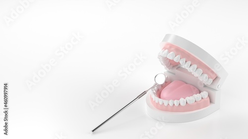 歯の模型とデンタルミラーの3Dレンダリング