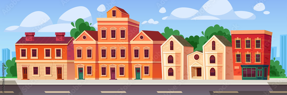 City street with  retro houses,cafe.Victorian houses.Urban landscape.Exterior of an old house. Two storey house, townhouse. Cartoon vector house.