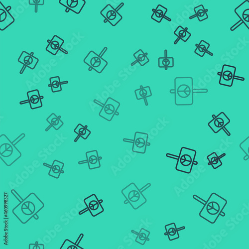 Black line Peace icon isolated seamless pattern on green background. Hippie symbol of peace. Vector