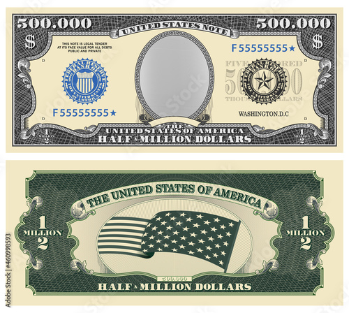 Fictional template obverse and reverse of US paper money. Half million dollar banknote. Empty oval, stars-striped flag and guilloche frames
