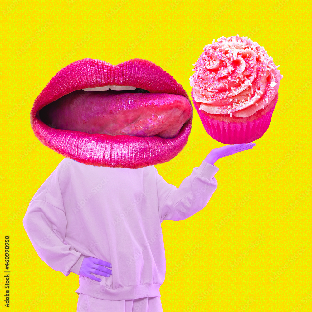 Contemporary minimal pop surrealism collage. Funny Lips character holding yummy cake. Calories, diet, sweet food addictions concept - obrazy, fototapety, plakaty 