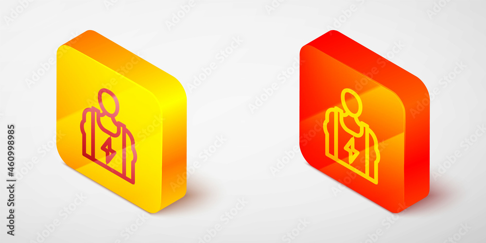 Isometric line Bodybuilder showing his muscles icon isolated on grey background. Fit fitness strength health hobby concept. Yellow and orange square button. Vector Isometric line Bodybuilder showing his muscles icon isolated on grey background. Fit fitness strength health hobby concept. Yellow and orange square button. Vector