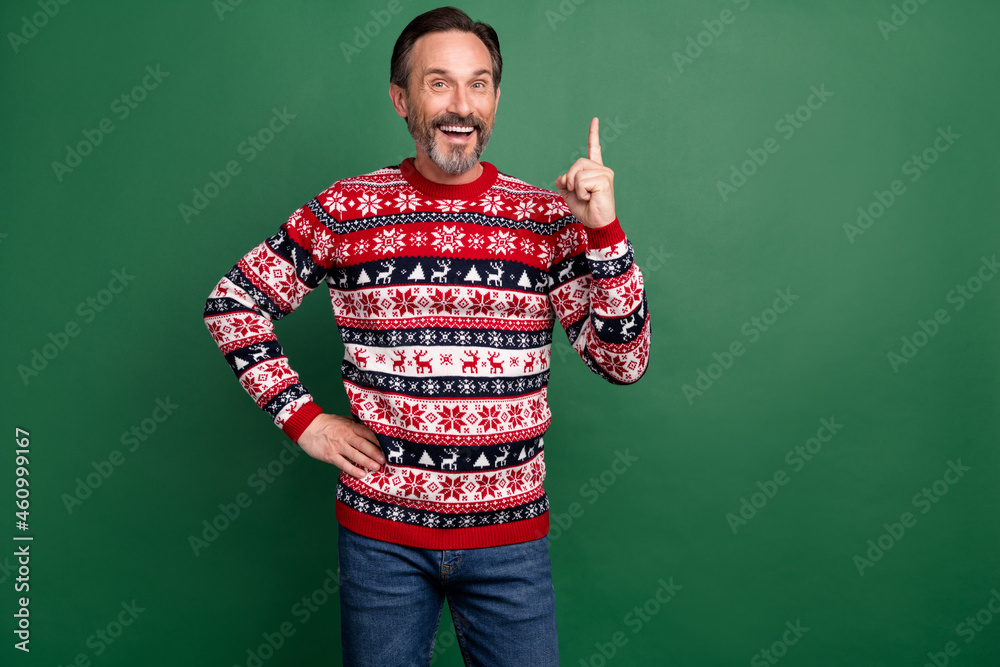 Fototapeta premium Photo portrait bearded man in sweater smiling got brilliant idea pointing up isolated pastel green color background