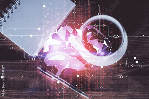 Double exposure of brain sketch and table top veiw. Concept of data analysis.
