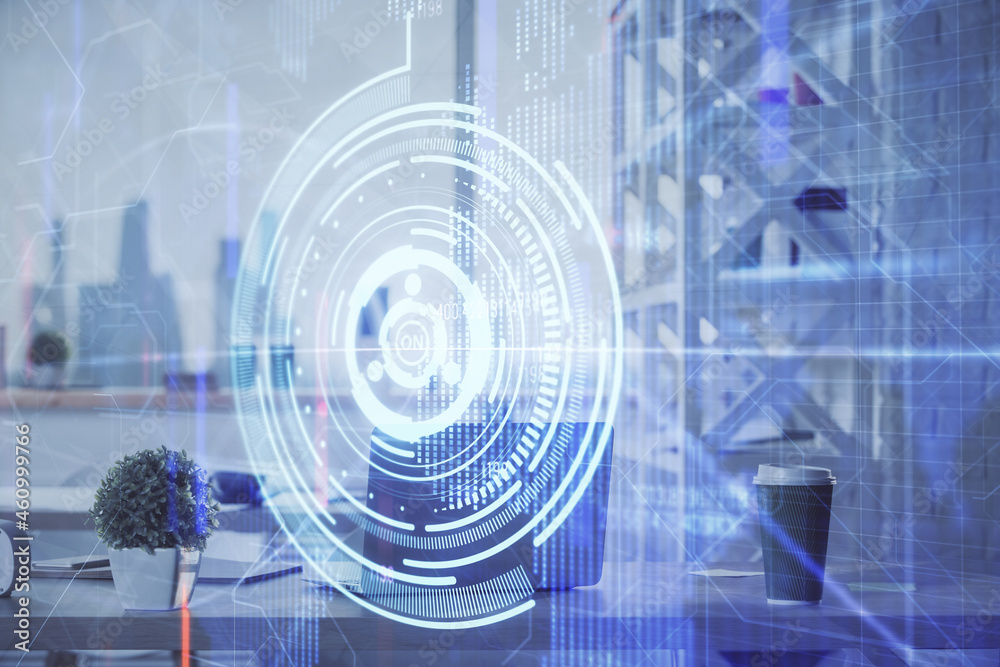 Double exposure of data theme drawing and office interior background. Concept of technology. Double exposure of data theme drawing and office interior background. Concept of technology.
