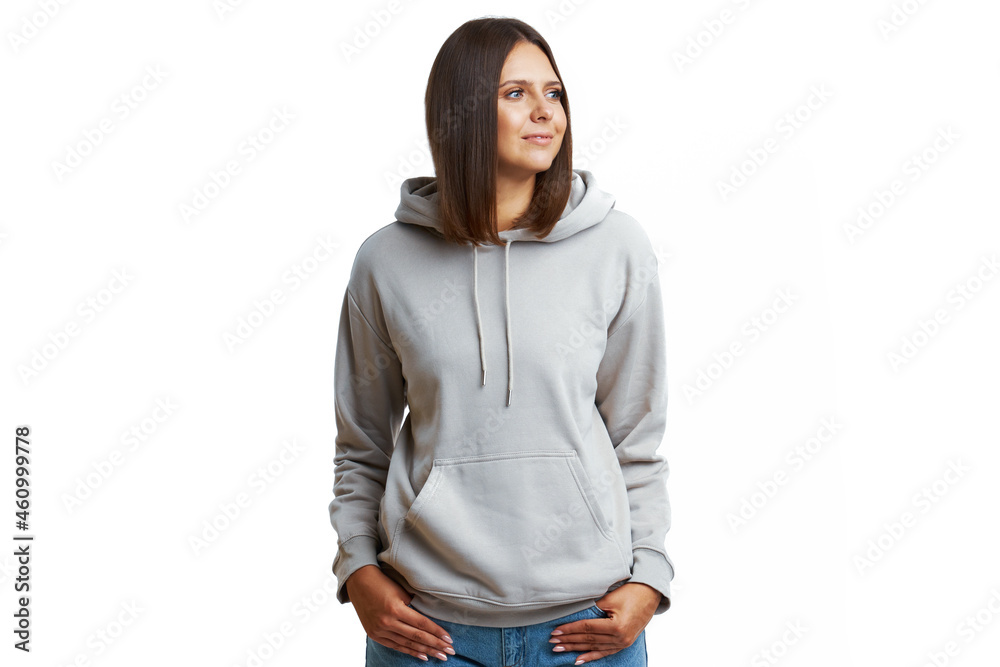 Fototapeta premium Young woman in gray hoodie isolated