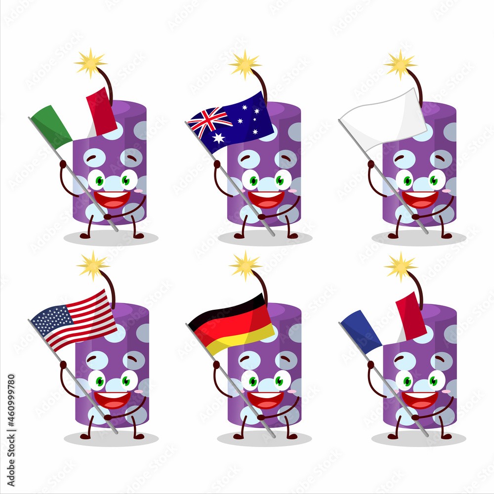Purple firecracker cartoon character bring the flags of various countries Purple firecracker cartoon character bring the flags of various countries