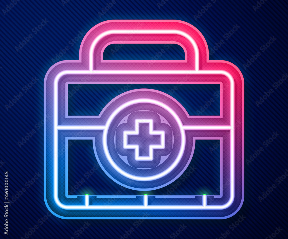 Glowing neon line First aid kit icon isolated on blue background. Medical box with cross. Medical equipment for emergency. Healthcare concept. Vector