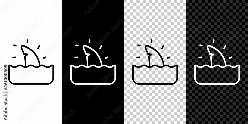 Set line Shark fin in ocean wave icon isolated on black and white, transparent background. Vector