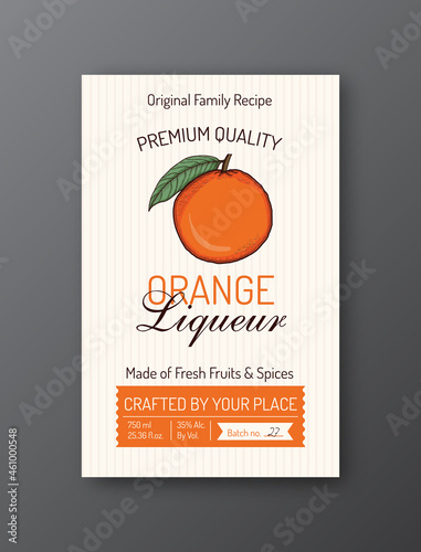 Family recipe Orange liqueur alcohol label template. Modern vector packaging design layout. Retro banner with typography and hand drawn fruit