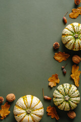 Happy Thanksgiving day vertical banner. Pumpkins, dry oak leaves, acorns, cones on vintage green background. Autumn, fall concept. Flat lay, top view, copy space.