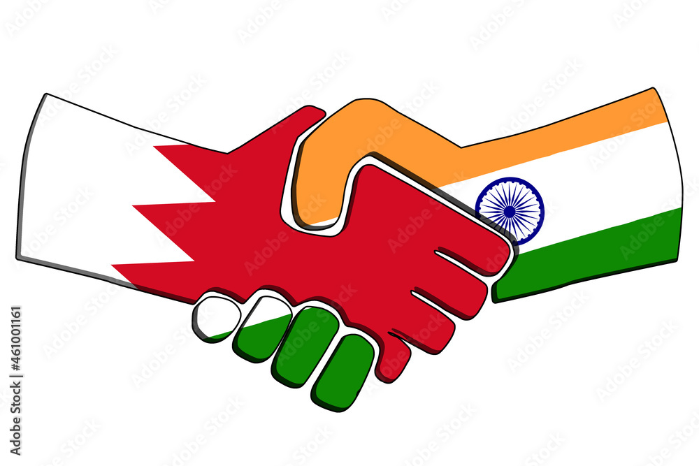 Obraz premium Handshake of countries with wavy flags. Business partnership connection concept of the Bahrain and India. Trade cooperation, Political relations friendship and peace. illustration.