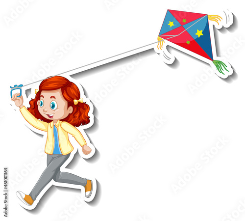 Sticker a girl playing kite cartoon character