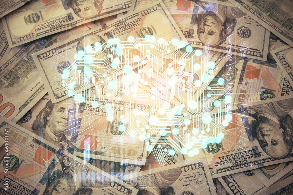 Double exposure of brain drawing over us dollars bill background. Technology concept.