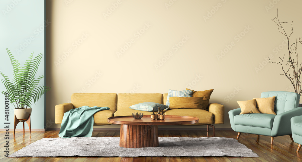 Interior design of modern apartment, yellow sofa in living room, green armchairs,wall mockup in home design 3d rendering - obrazy, fototapety, plakaty 